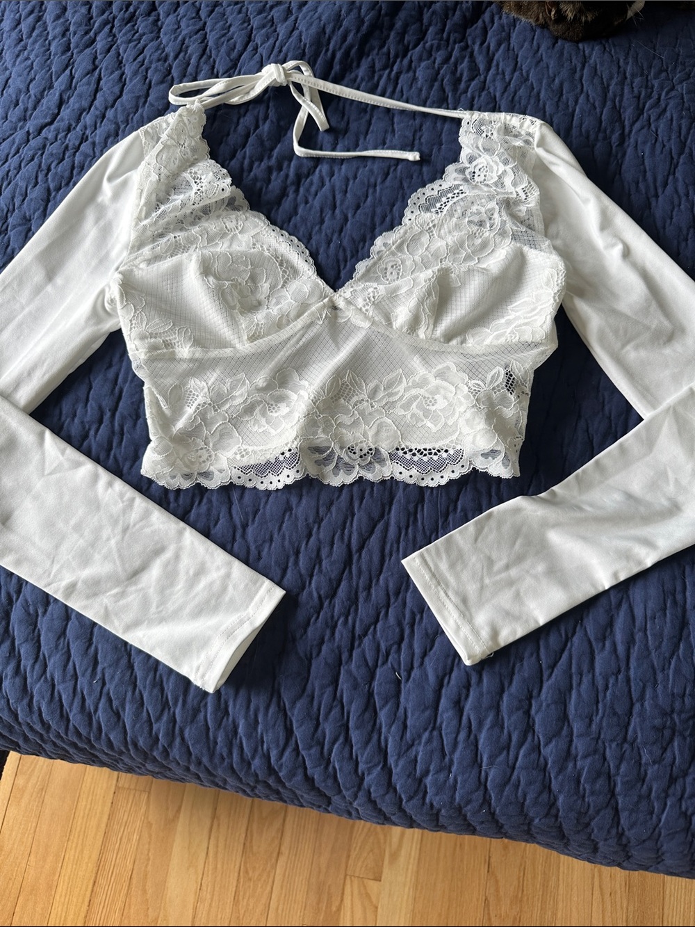White Lace Crop Halter Top with Long Sleeves